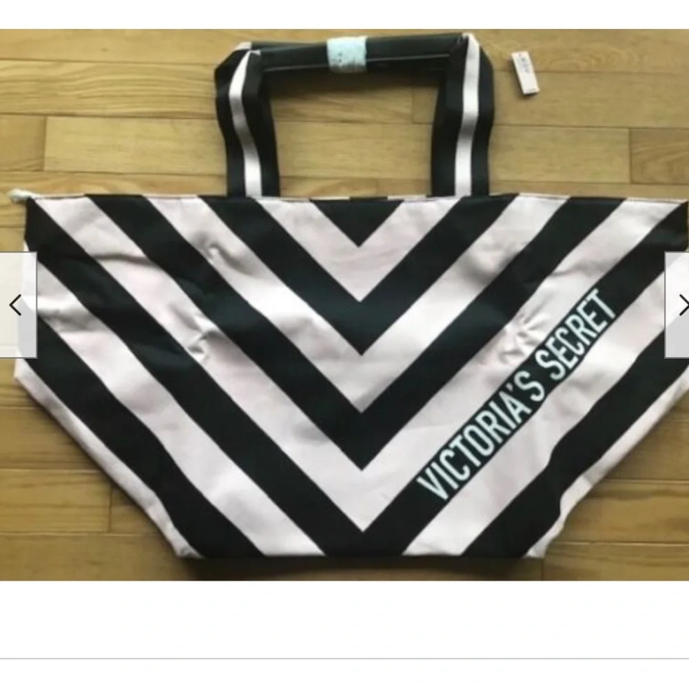 NWT Victoria's Secret Pink/Black Diagonal Canvas Large Tote Bag Shopper - Picture 3 of 4